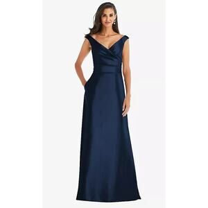 2802 NWOT Alfred Snug D811S Off-the-Shoulder Draped Wrap Satin Maxi Midnight